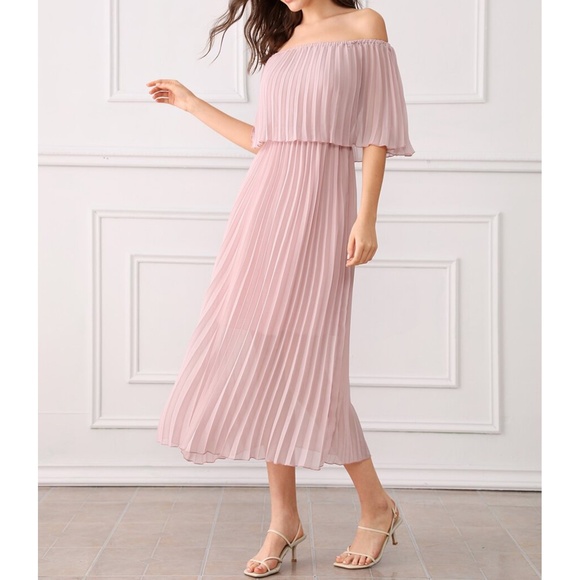 MBM Unlimited Dresses & Skirts - Dusty Pink Off Shoulder Ruffle Pleated Maxi Dress